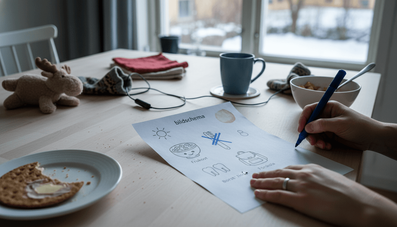 Ett utskrivet bildschema på ett svenskt köksbord, en vuxens hand håller en penna över det. Runt omkring: en halväten bit knäckebröd, en kaffekopp, ett gosedjur som ligger på sidan, en trasslig laddsladd. Sval morgonljus faller in genom ett fönster med utsikt över en snötäckt gård.